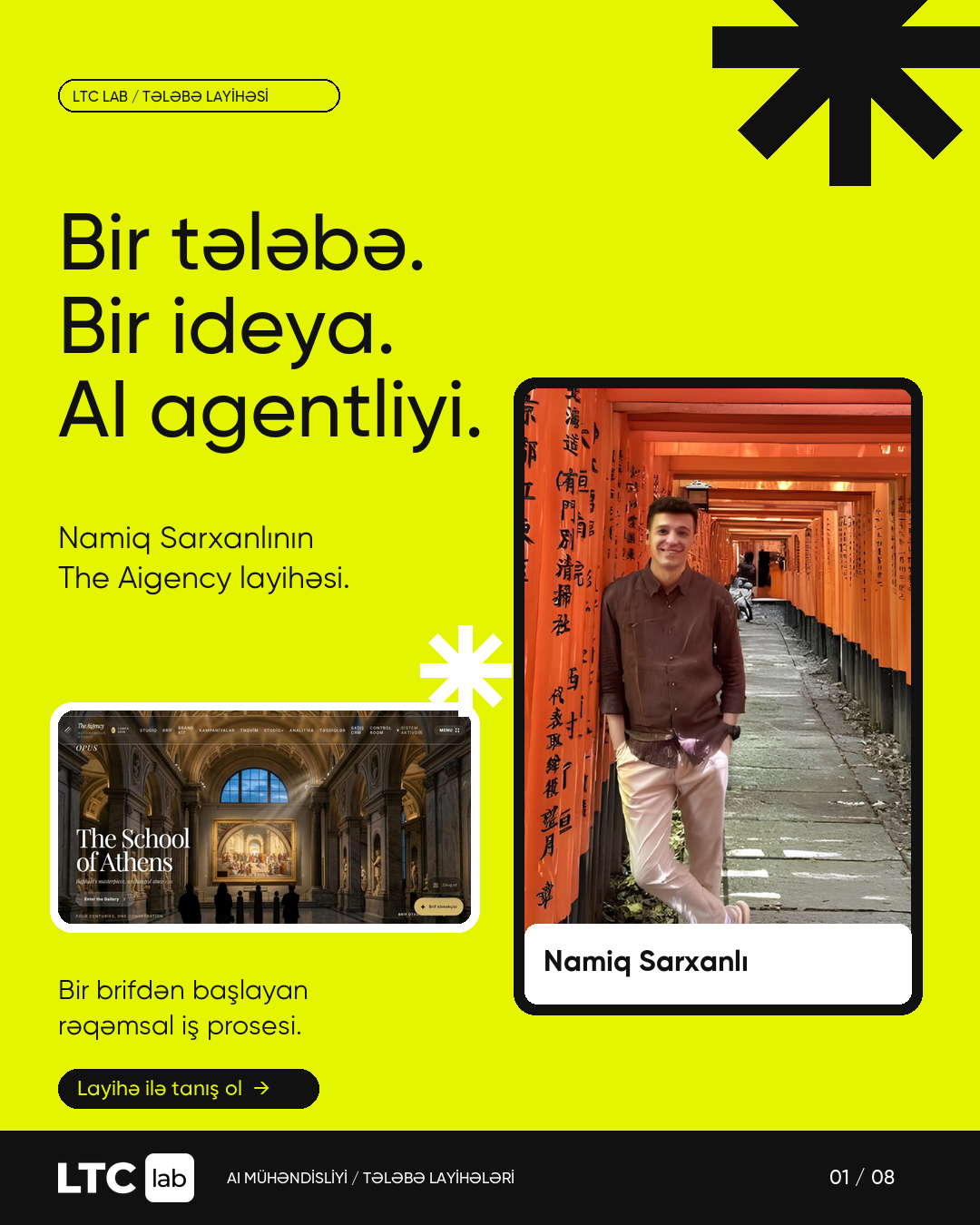 The Aigency: sarı üzlük, Namiq Sarxanlının portreti və Bir tələbə. Bir ideya. AI agentliyi. başlığı, 01 / 08