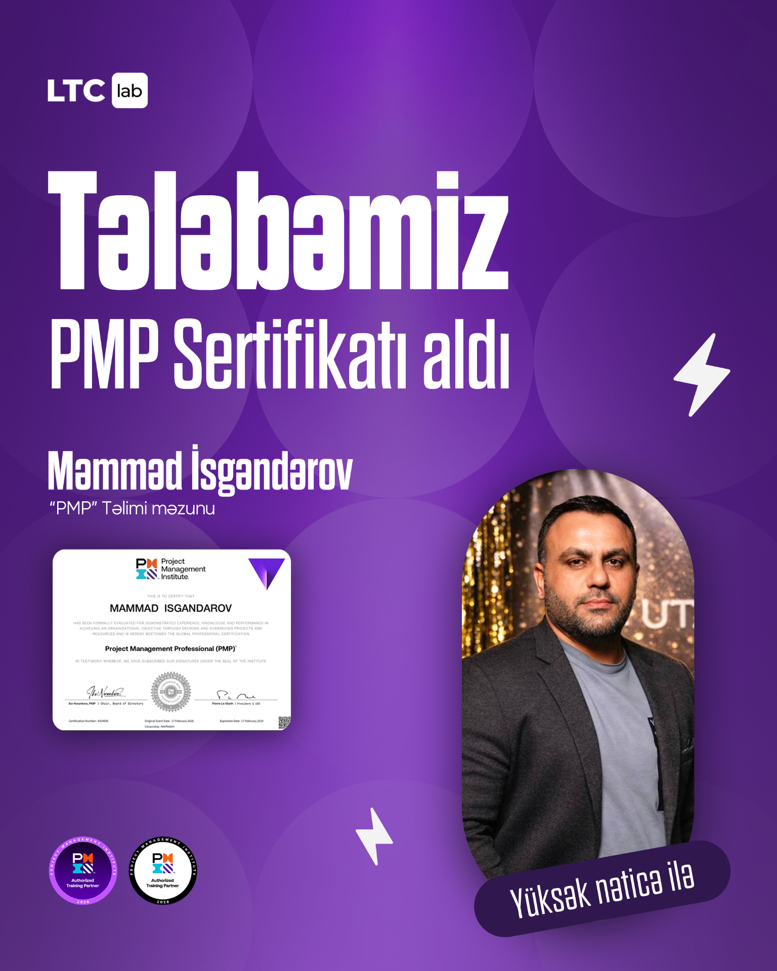 Məmməd İsgəndərov — LTC Lab PMP® sertifikat sahibi məzun