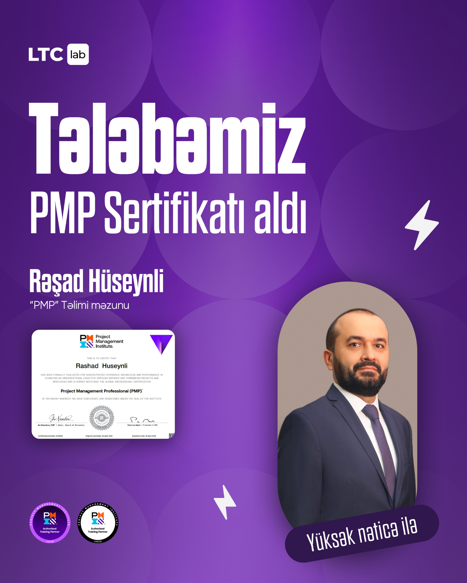Rəşad Hüseynli — LTC Lab PMP® sertifikat sahibi məzun